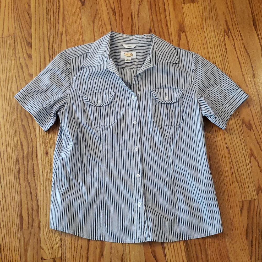 Talbots Stretch Short-Sleeve Striped Button-Down Shirt - Blue & White Size: M